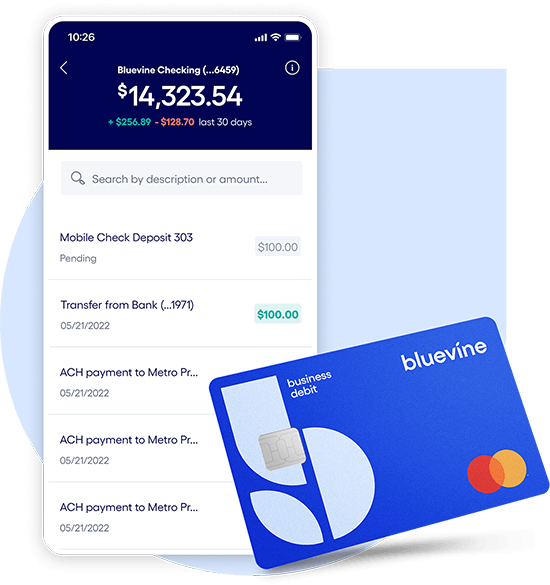 Graphic of mobile phone with Bluevine Business Checking app open and Business Debit Card