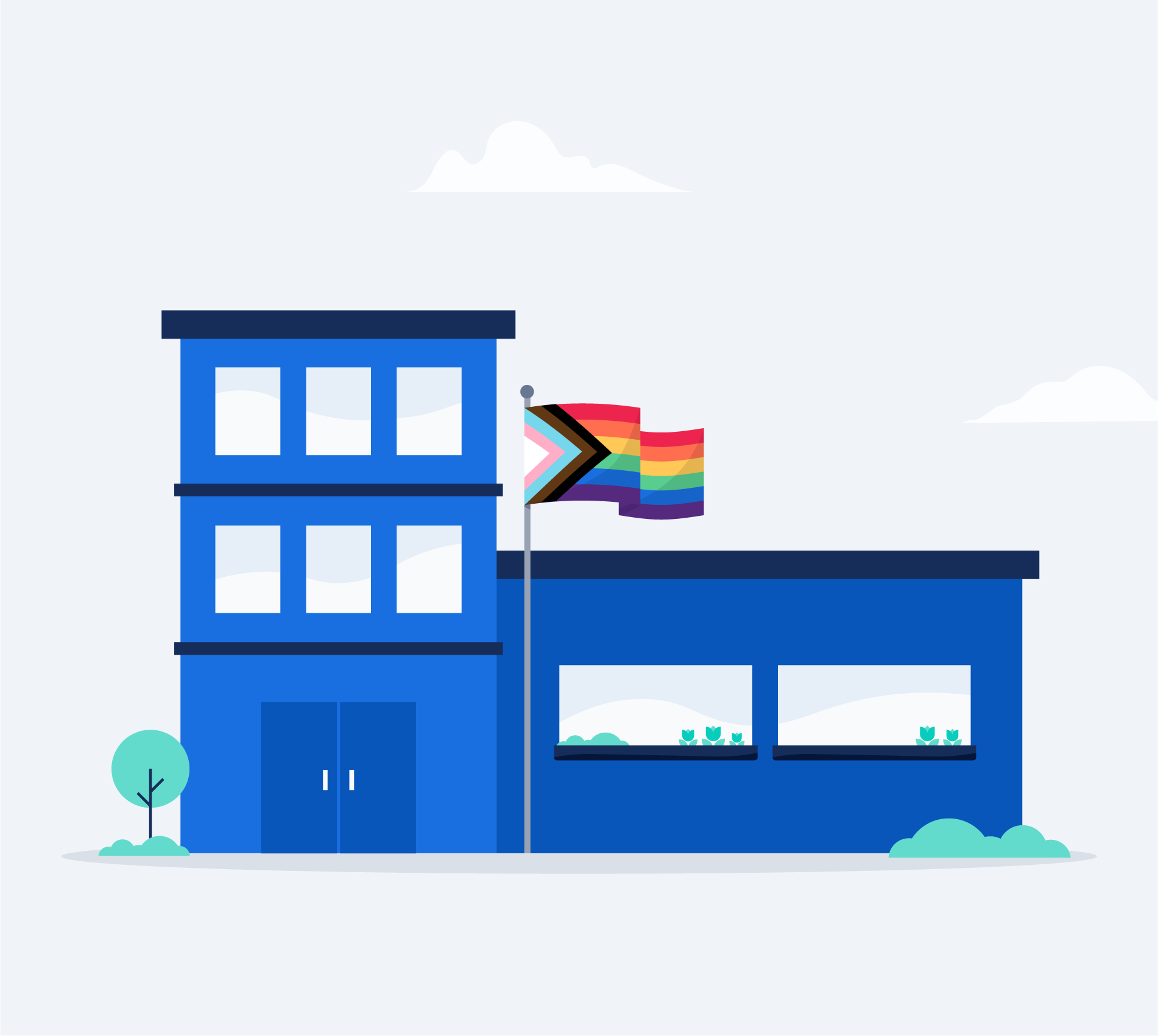 Illustration of office building with the Pride flag flying out in front.