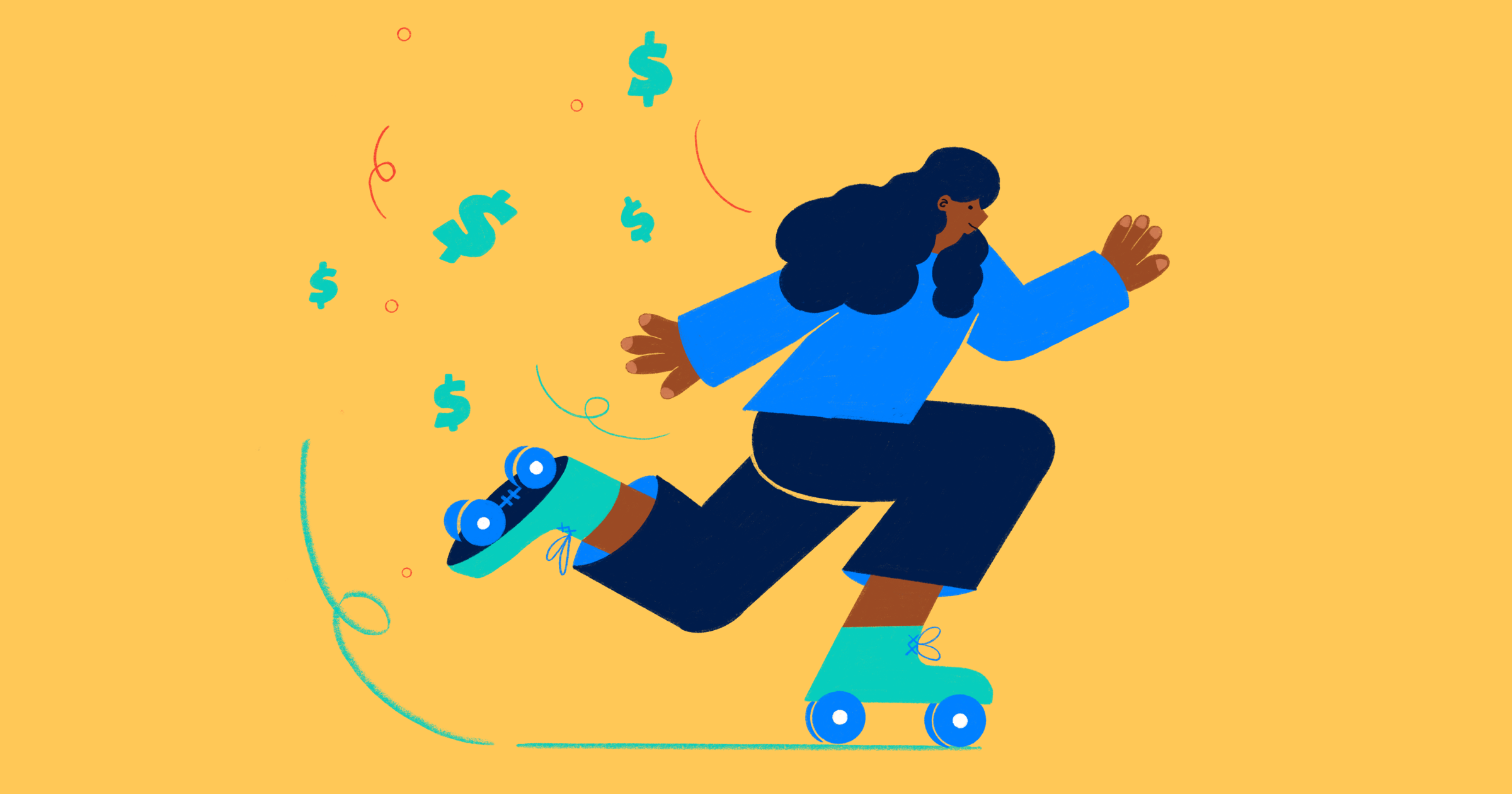 Illustration of young POC woman roller skating with dollar signs floating behind her to represent cash flow mistakes.