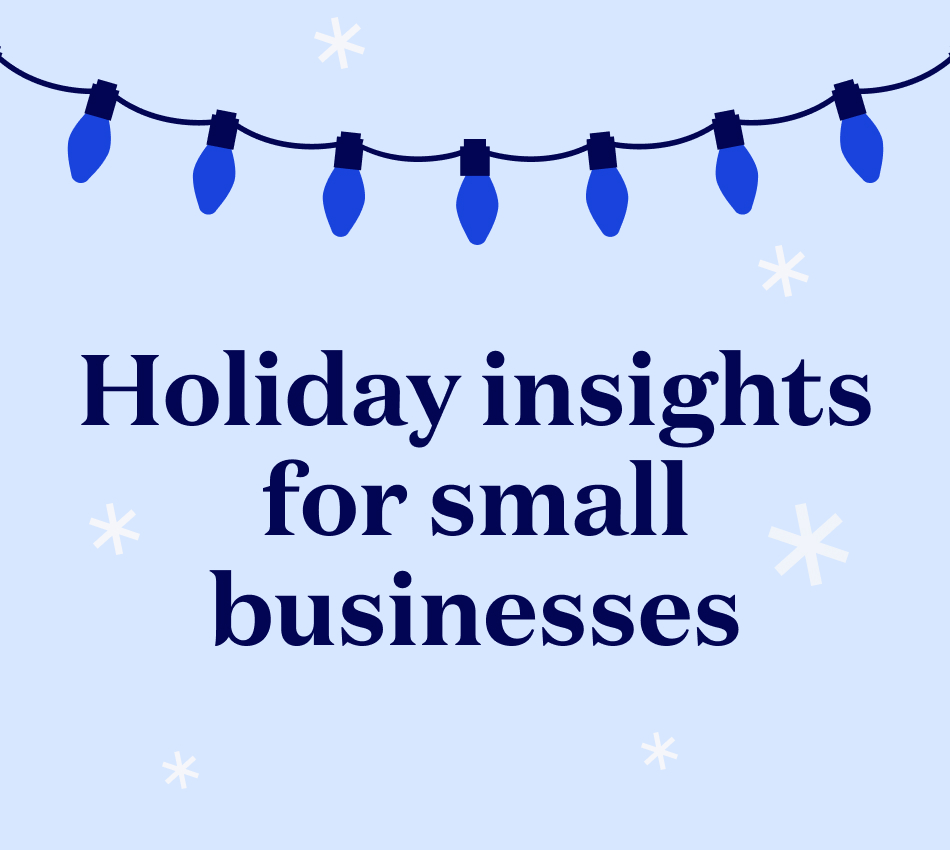Blue image with white snowflakes and christmas lights at the top that states "Holiday insights for small businesses"