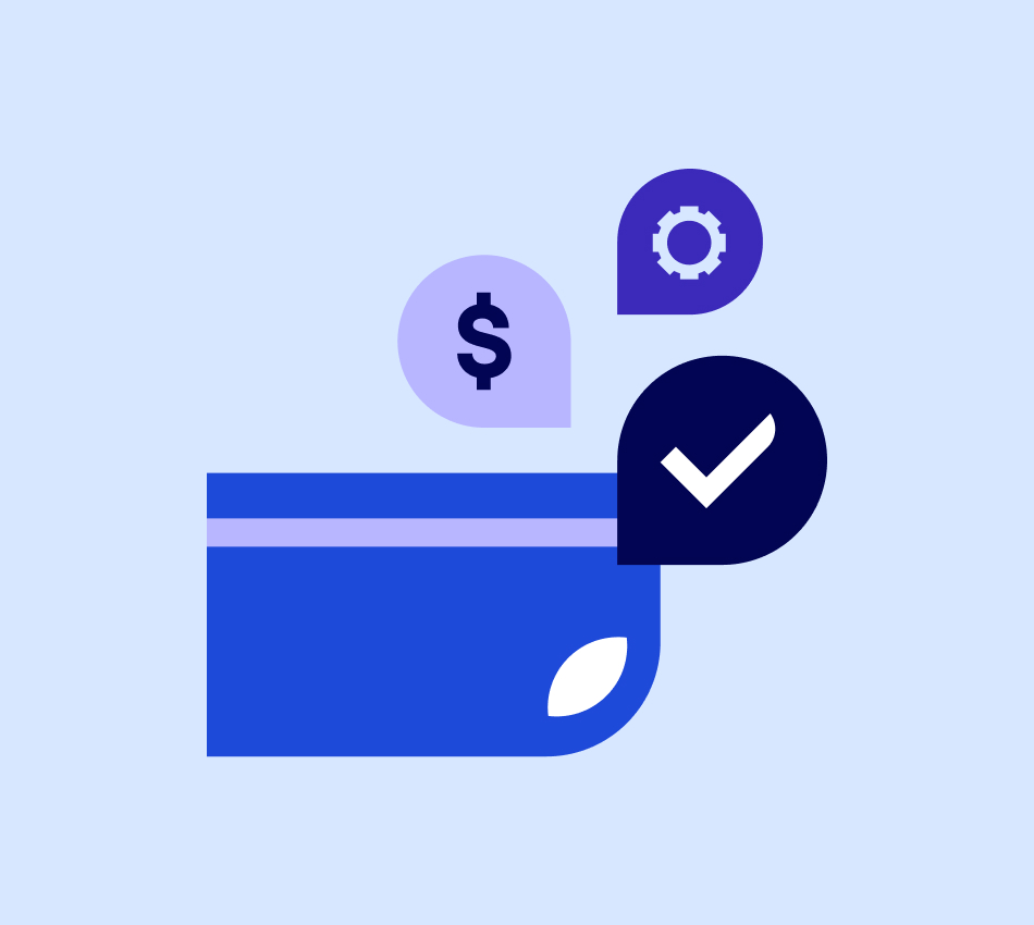 Illustration of debit card with icons floating around it, including a checkmark, dollar sign, and settings icon.