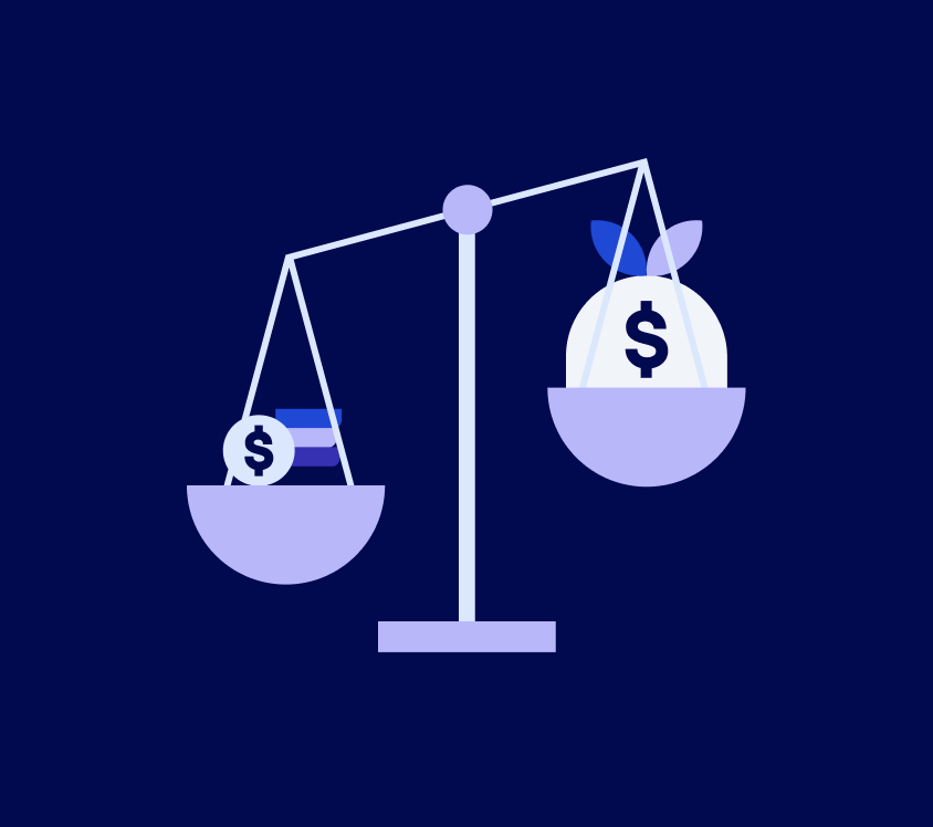 Illustration of a balance scale holding coins on one side and a bag of money on the other.