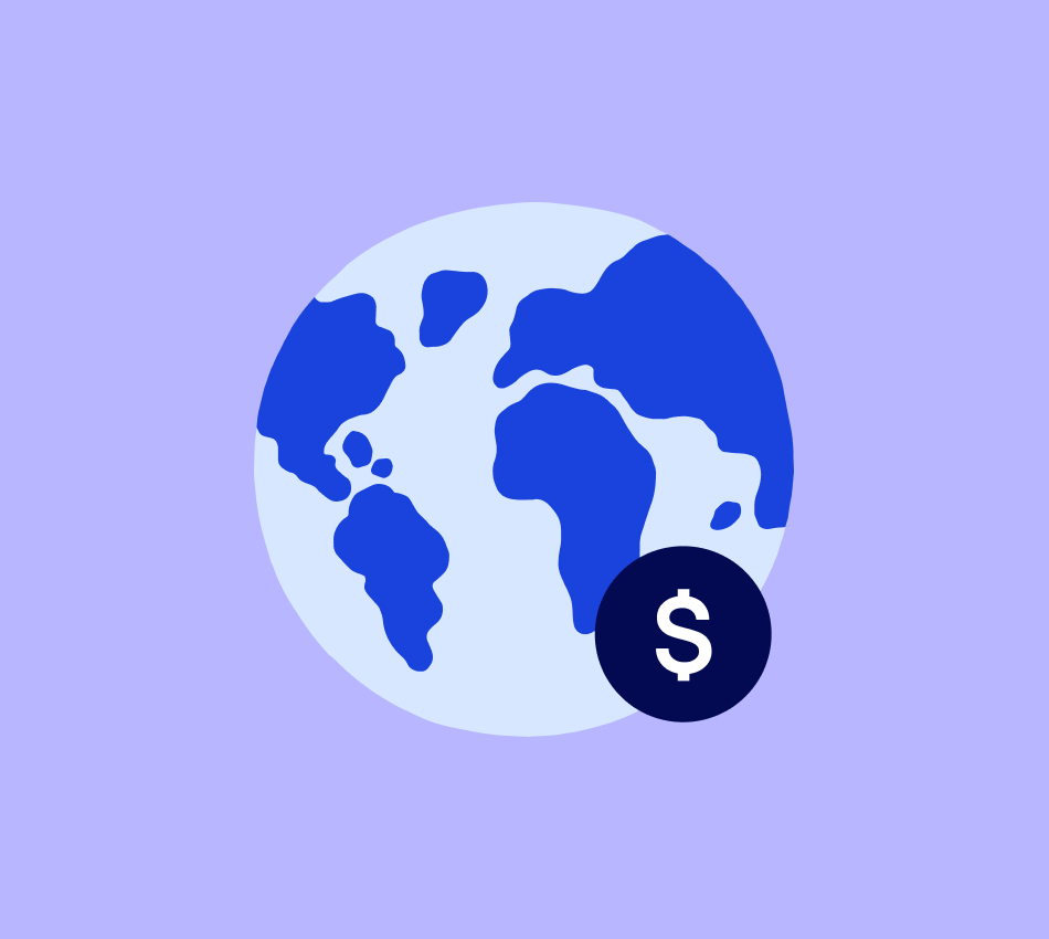 Illustration of globe and dollar sign.