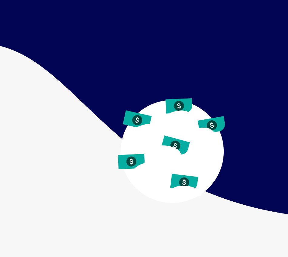 Illustration of a large snowball filled with money rolling down a hill.