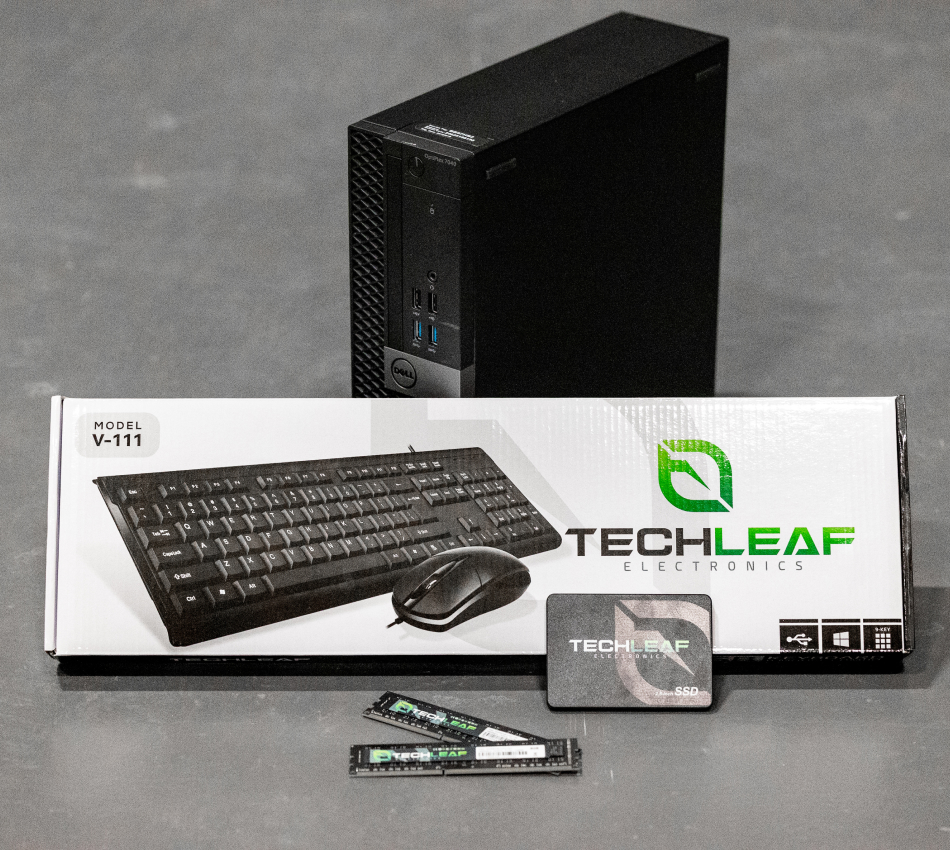 Close-up of refurbished CPU, keyboard, and mouse from Tech Leaf.
