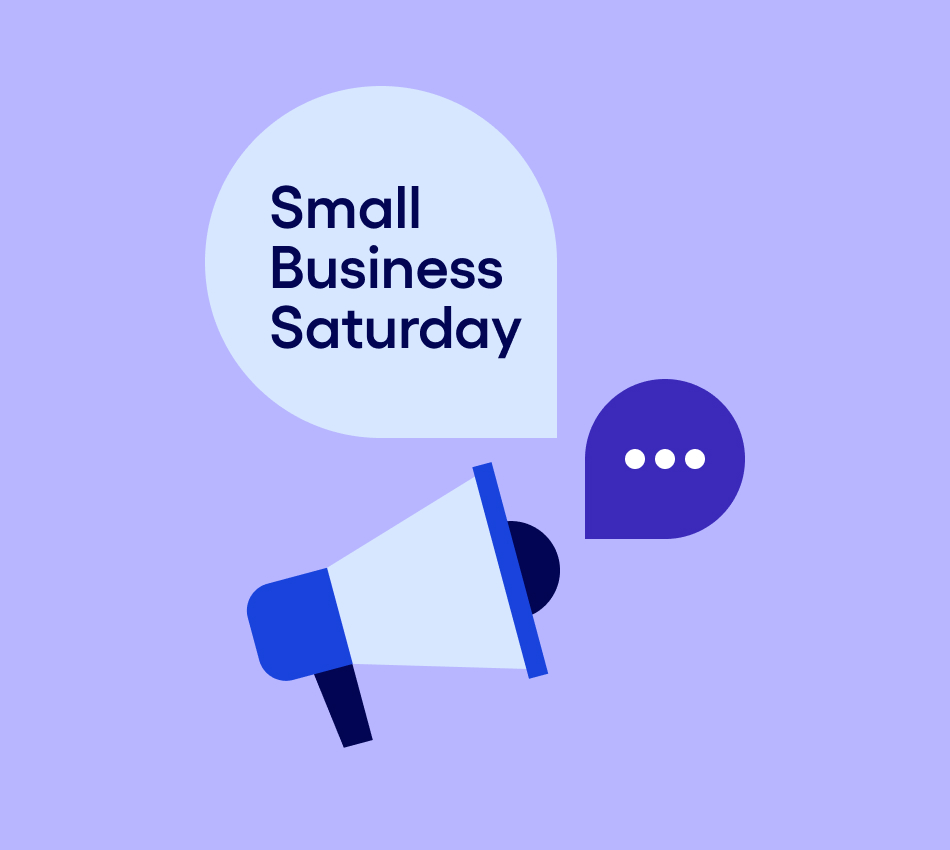 Illustration of a megaphone and speech bubble that says "Small Business Saturday."
