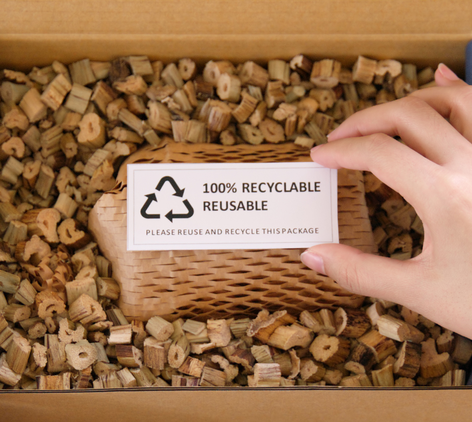 Close-up of sustainable packaging that's 100% recyclable and reusable.