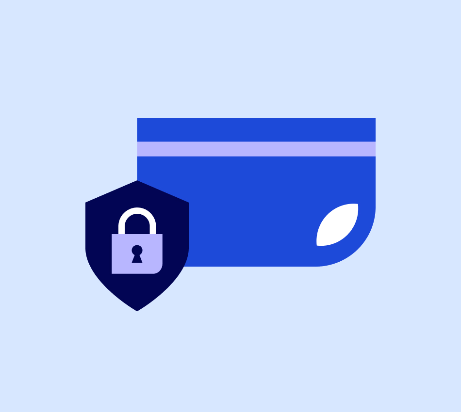 Illustration of a credit card and a shield with a lock.
