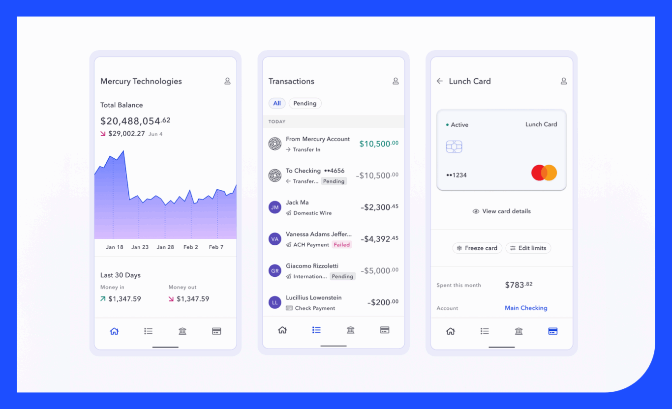 Mercury mobile app showing a balance, transaction history, and an active debit card.