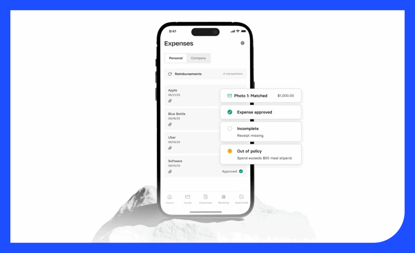 Screenshot of the Rho mobile app's Expenses screen, showing a list of reimbursements and transaction details 